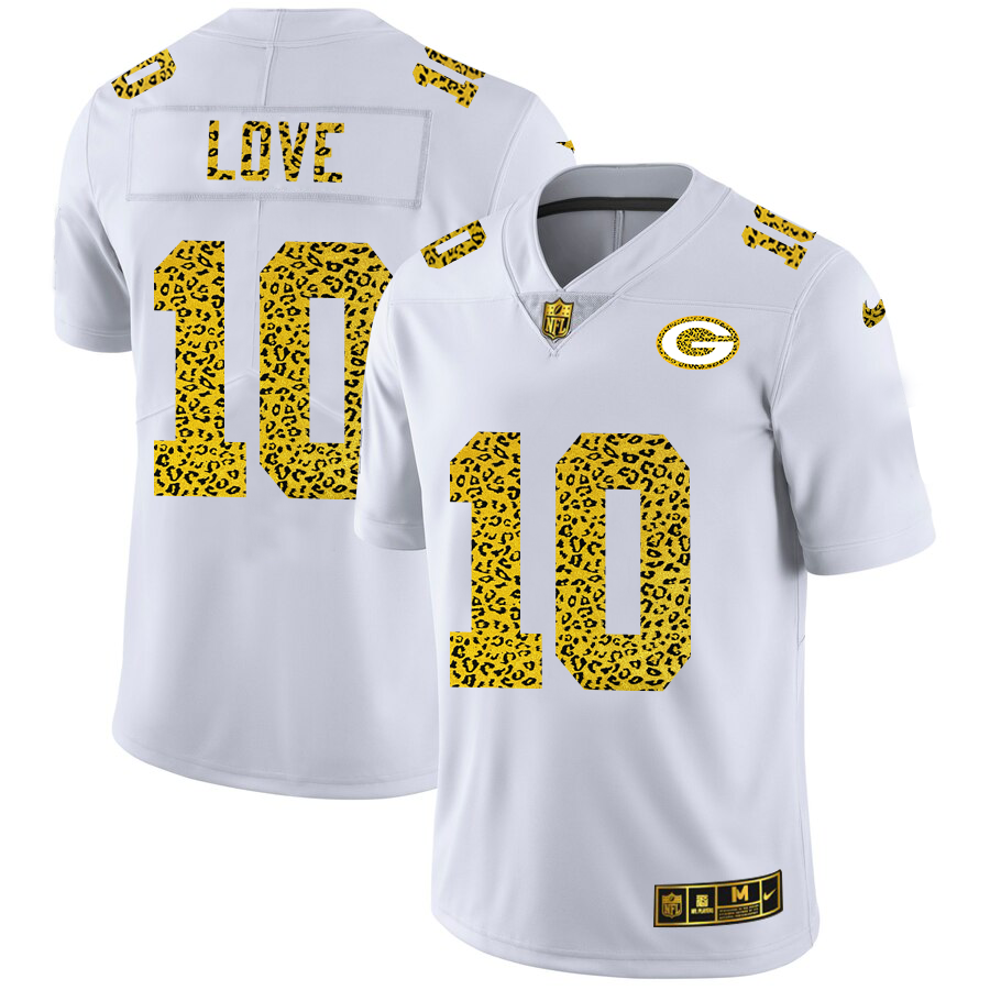 Custom Green Bay Packers 10 Jordan Love Men Nike Flocked Leopard Print Vapor Limited NFL Jersey White